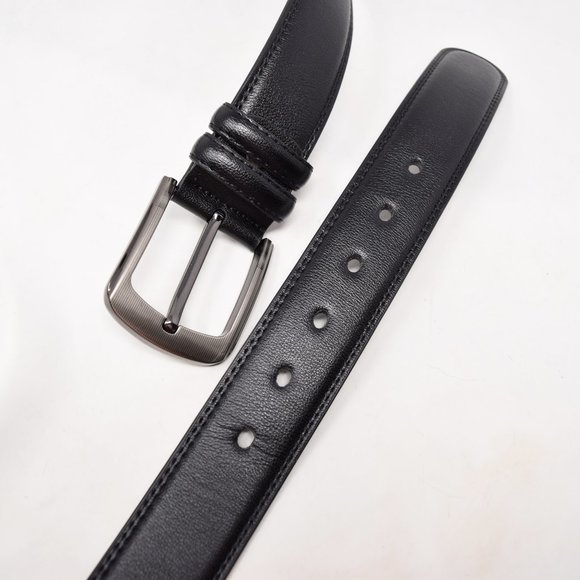 Faux Leather Belt Men 61 65 Black Career Professional Silvertone Buckle Preppy - Picture 5 of 11